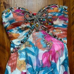 Coniefox Strapless Floral Evening Gown Maxi Dress Embellished Rhinestone Sz 8